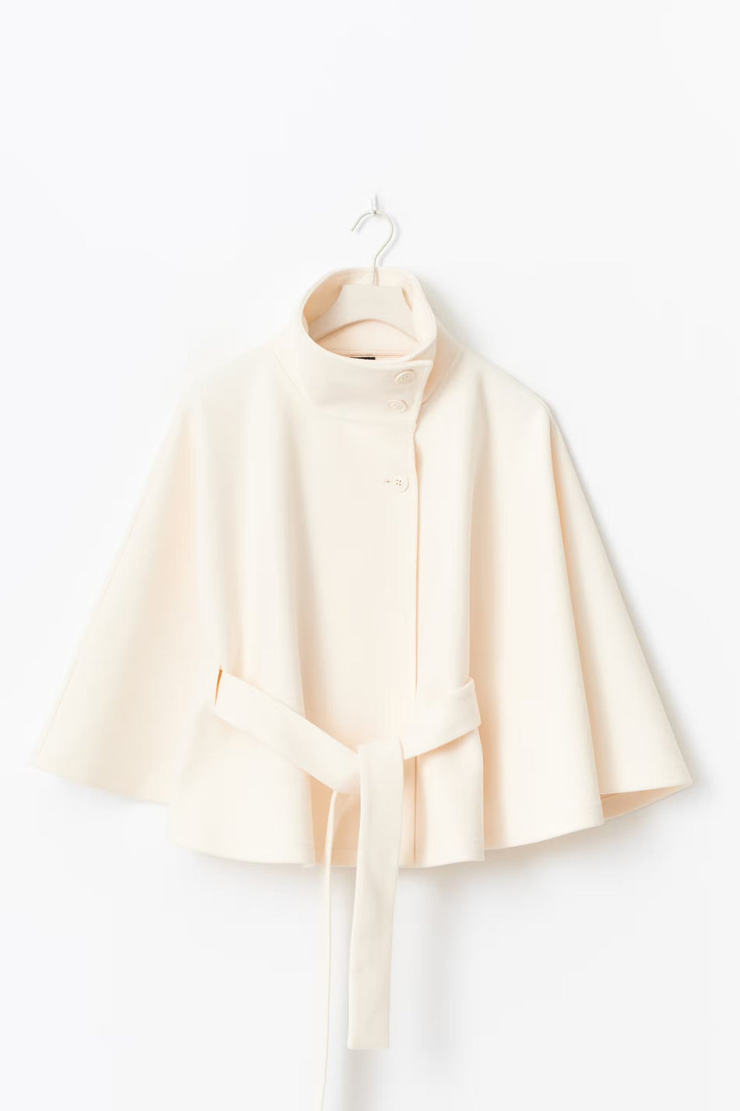 Women's belted cape coat with high collar and button front