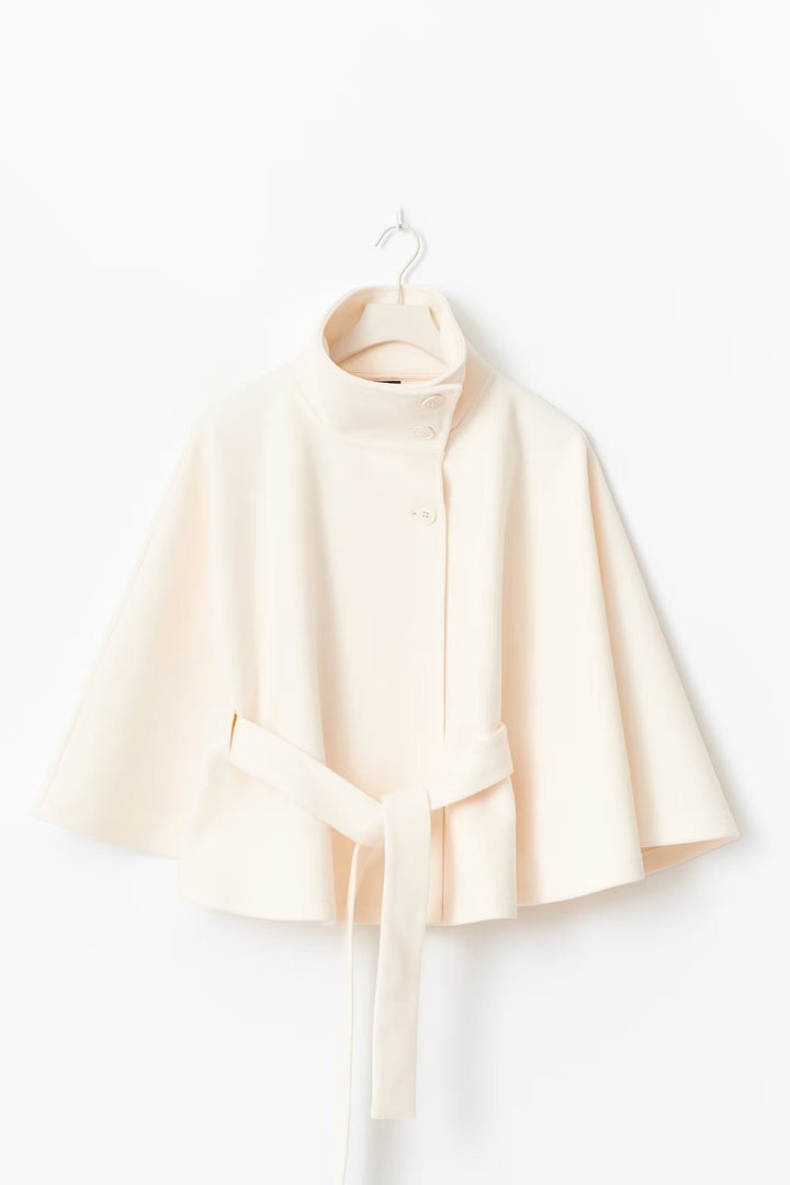 Women's belted cape coat with high collar and button front