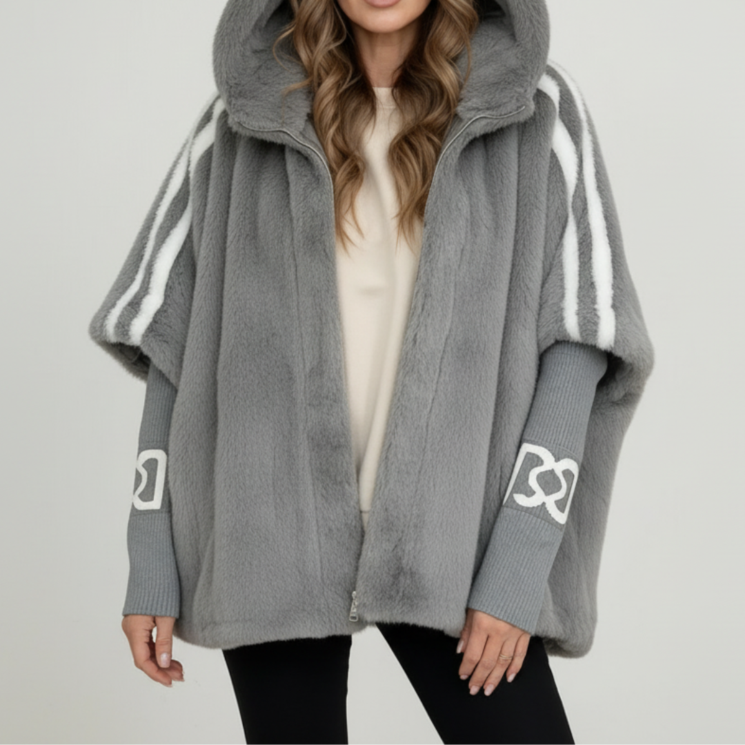 Women's hooded faux fur parka with contrasting striped sleeves