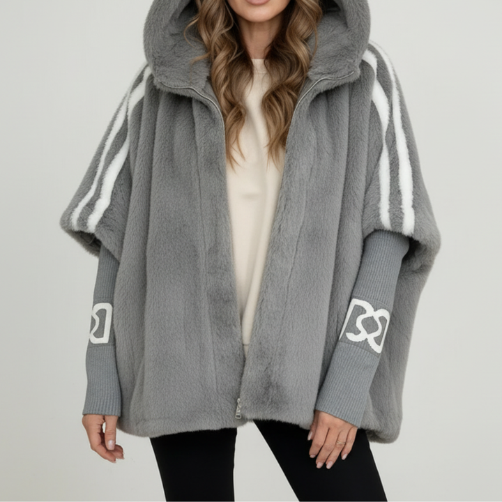 Women's hooded faux fur parka with contrasting striped sleeves