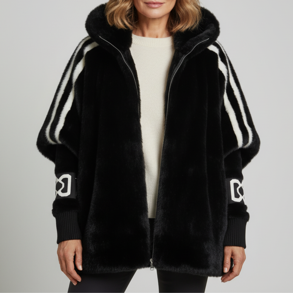 Women's hooded faux fur parka with contrasting striped sleeves