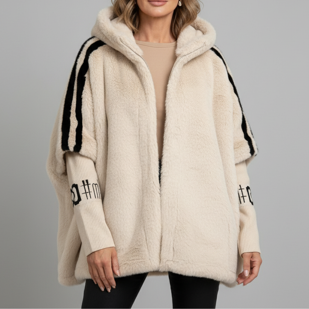 Women's hooded faux fur parka with contrasting striped sleeves