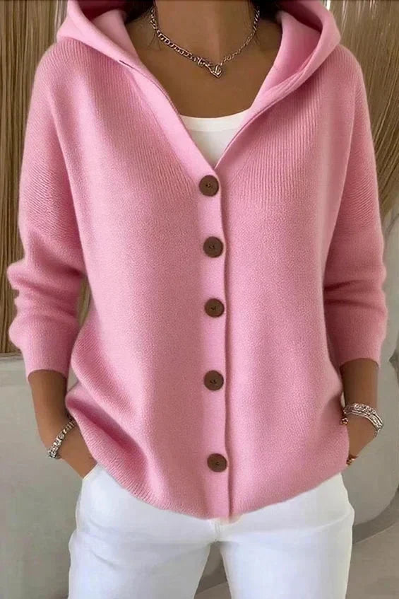 Women's hooded knit cardigan with button front and long sleeves