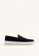 Navy penny loafers with moc toe stitching and light platform soles