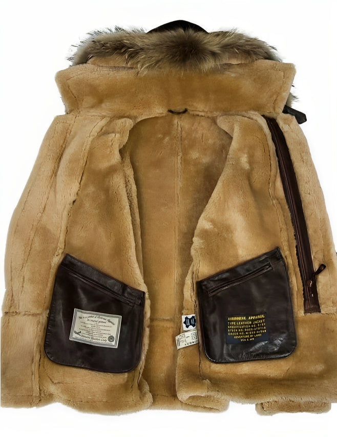 Brown leather aviator jacket with tan lining and hood