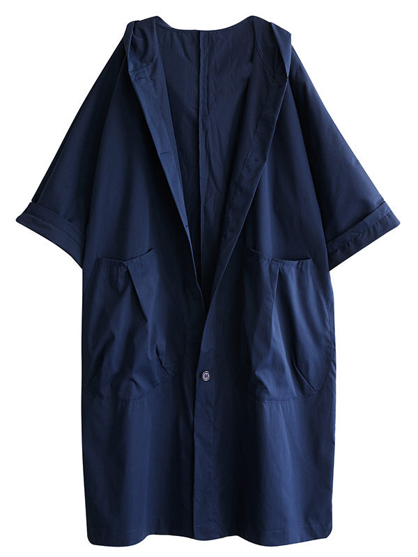 Women's long hooded trench coat with rolled sleeves and large front pockets