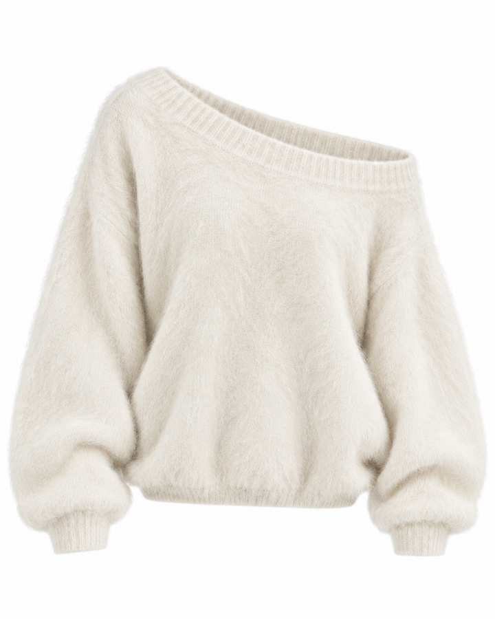 Women's white off-shoulder sweater with long sleeves and ribbed trims