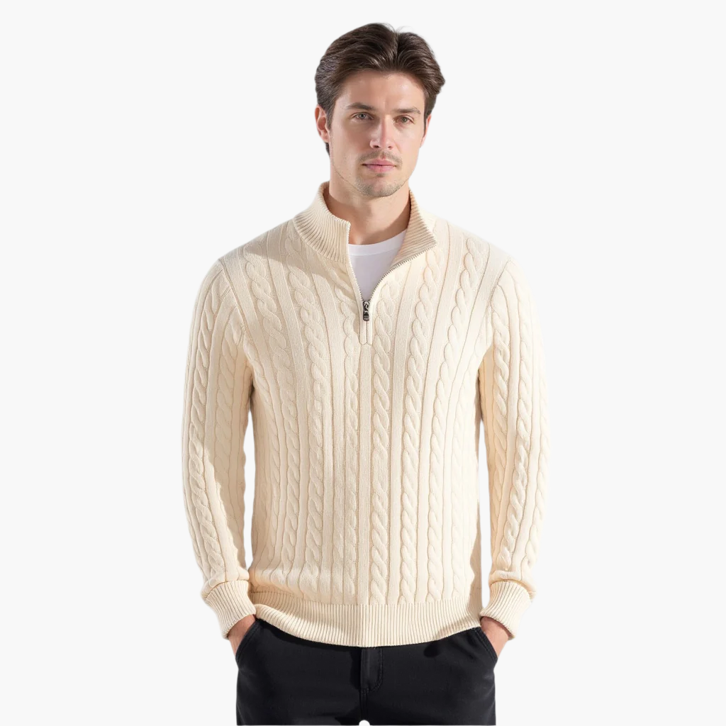 Women's cable knit zip-front sweater