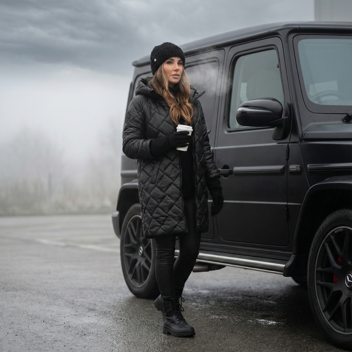 Women's quilted hooded long coat shown in pink and black