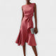 Women's Asymmetric Draped Midi Dress in Red - View 3 | Bellmere