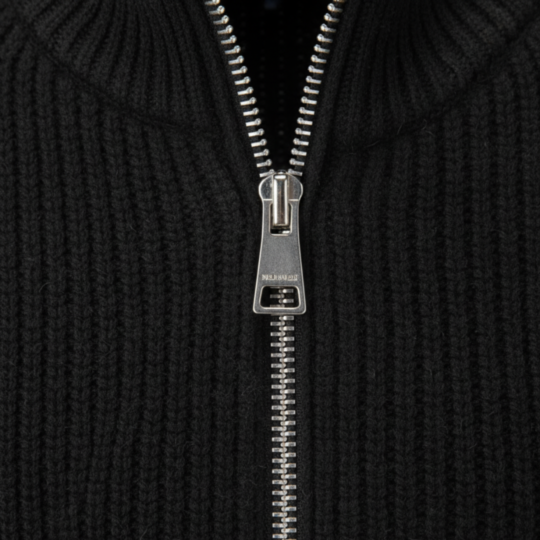Men's ribbed knit zip cardigan with mock neck and long sleeves