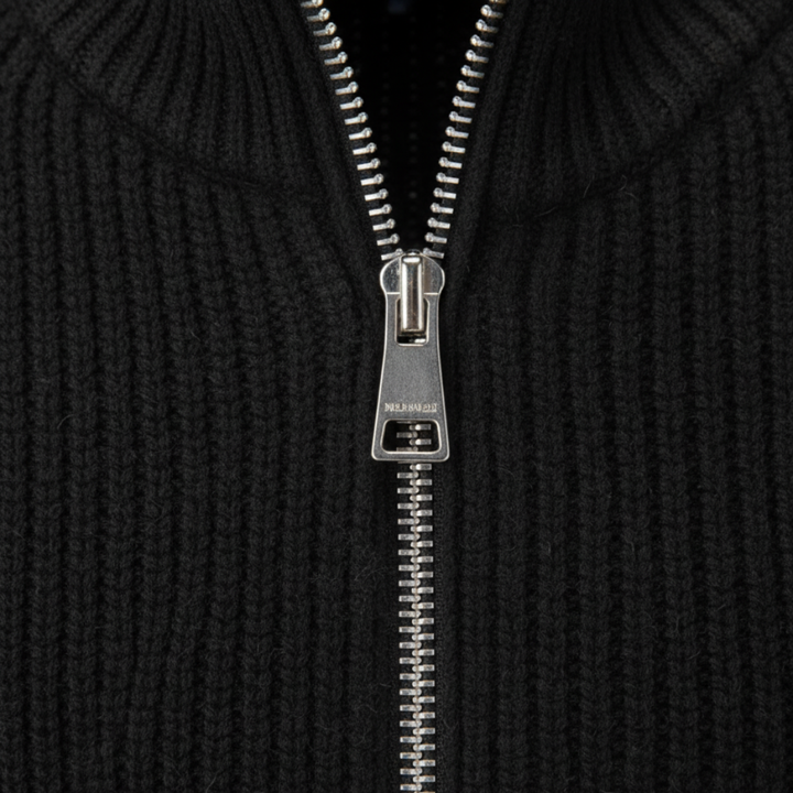 Men's ribbed knit zip cardigan with mock neck and long sleeves