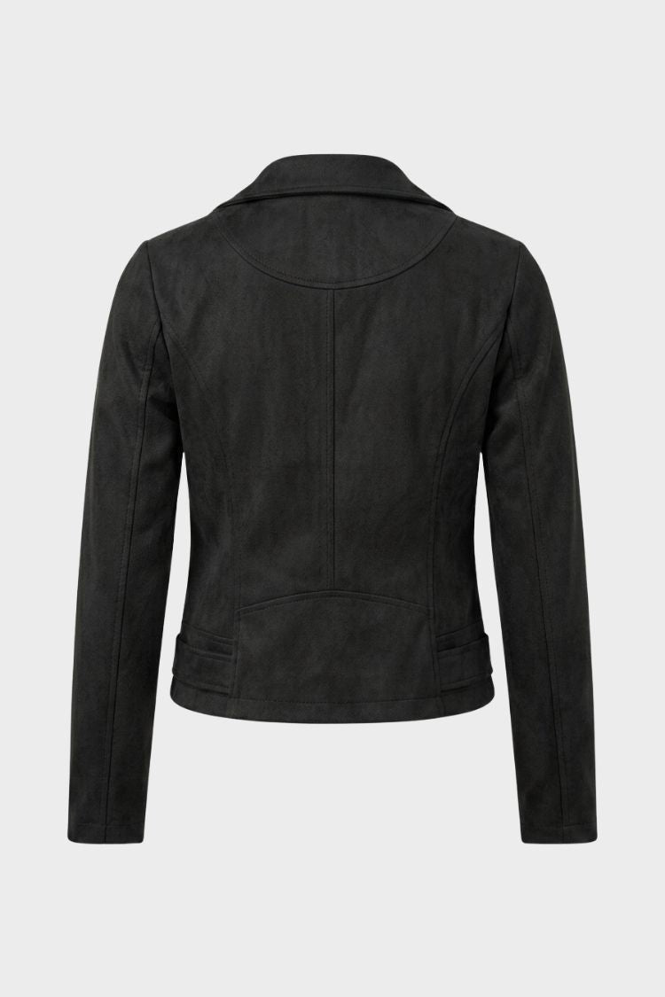 Women's cropped biker jacket with notched lapels and front zippers