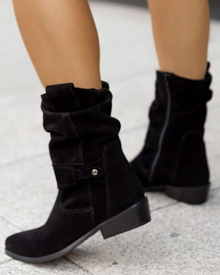 Women's slouch ankle boots with low heels, side zippers and wraparound straps
