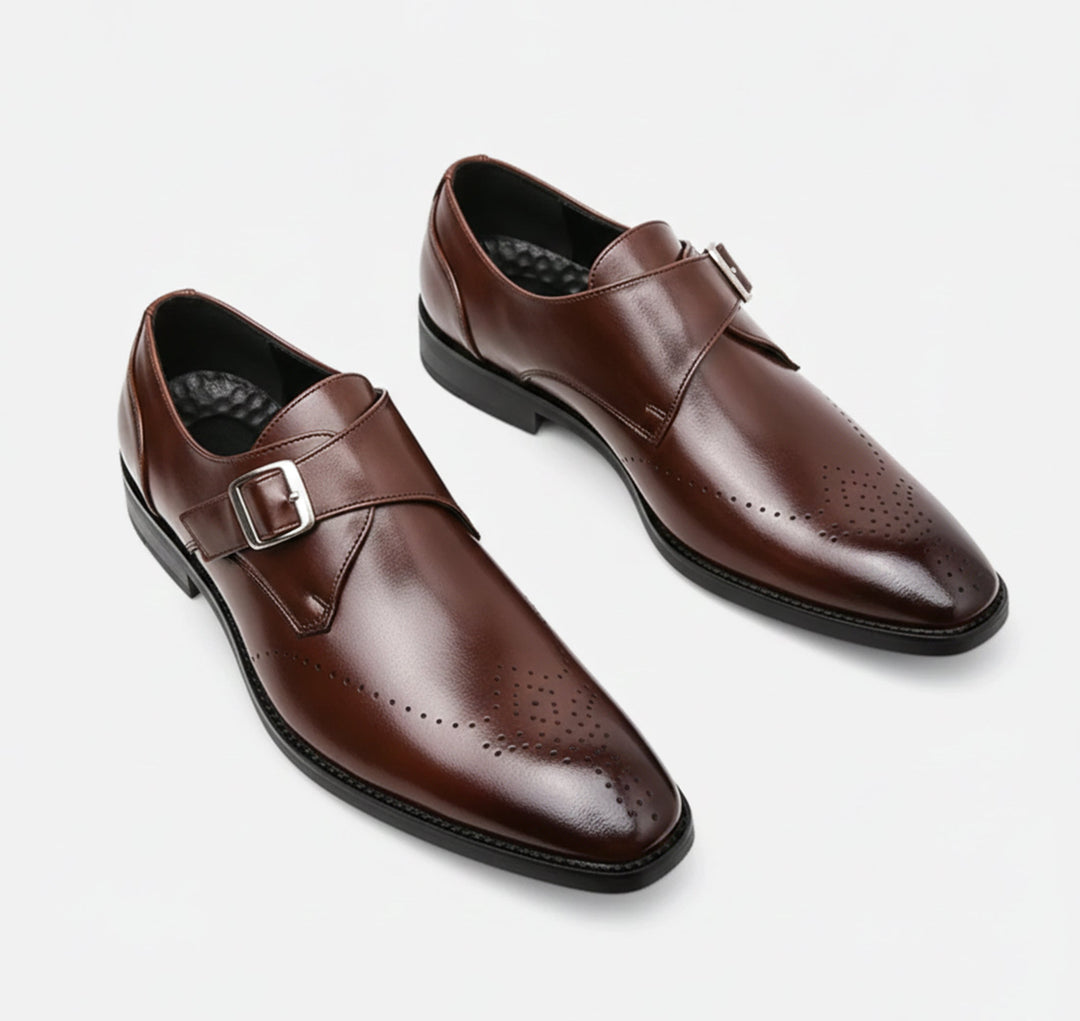 Men's polished buckle loafers with perforated almond toes