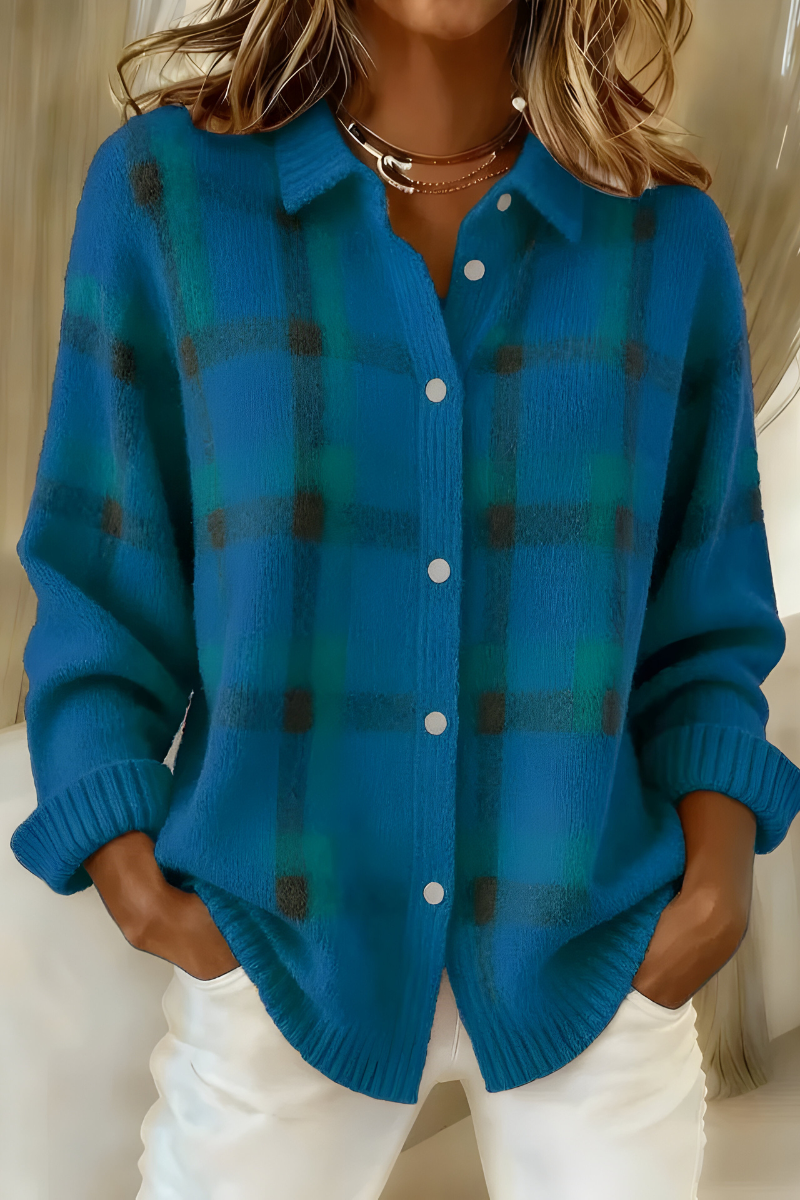 Women's checkered button-front cardigan with shirt collar
