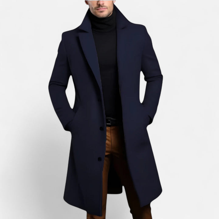 Men's long coat with notched lapels, long sleeves, button front and side pockets