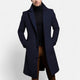 Men's long coat with notched lapels, long sleeves, button front and side pockets