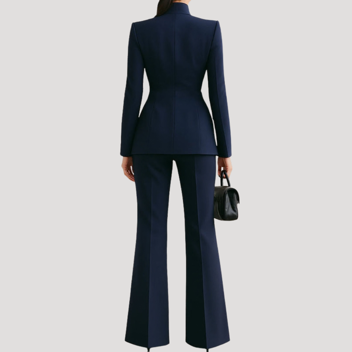 Women's blazer and wide-leg trouser suit set with high collar
