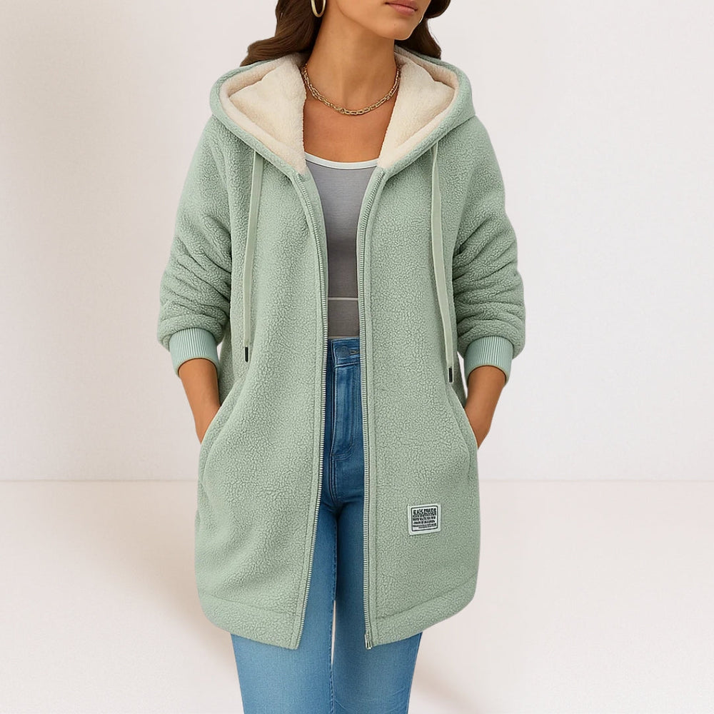 Women's longline textured hooded jacket with zip front and pockets