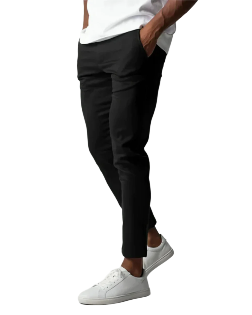 Men's slim tapered chino trousers shown in black and navy with button waist and ankle-length legs