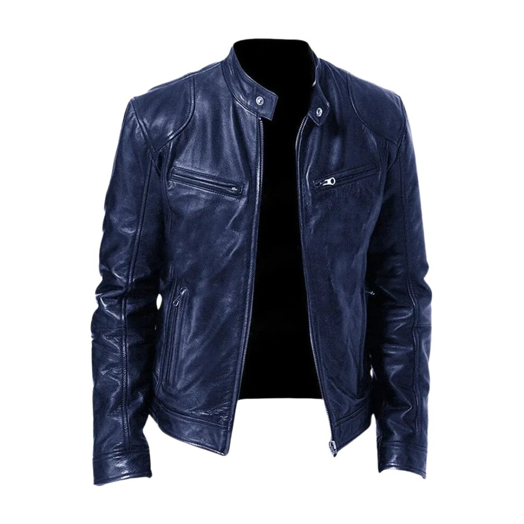 Unisex zip-front biker jacket with stand collar and multiple zipped pockets