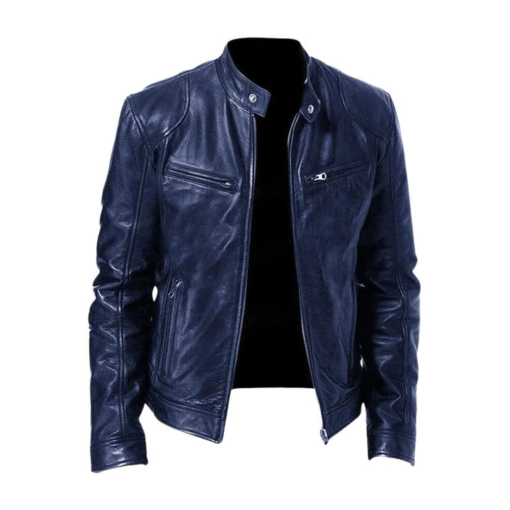 Unisex zip-front biker jacket with stand collar and multiple zipped pockets