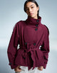 Women's trench jacket with high collar, button front, tie belt and long sleeves