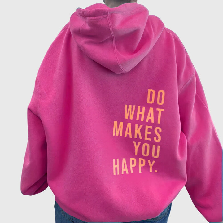 Women's oversized pullover hoodie with hood, long sleeves and stacked back text print