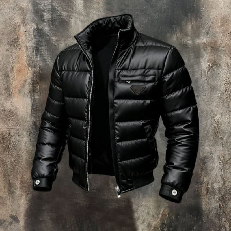 Men's black quilted puffer jacket with stand collar and front zipper