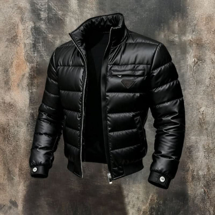 Men's black quilted puffer jacket with stand collar and front zipper