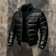 Men's black quilted puffer jacket with stand collar and front zipper