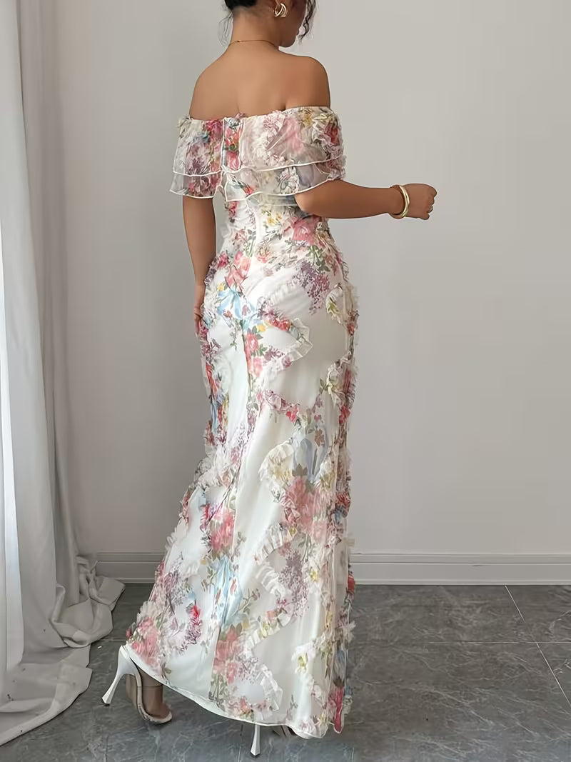 Women's off-shoulder maxi dress with short ruffled sleeves and floral embroidery
