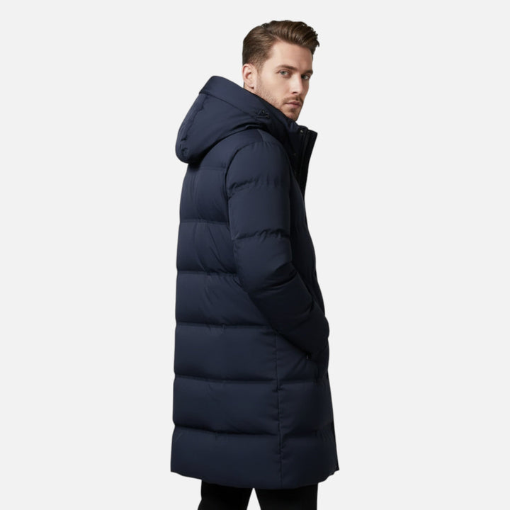 Men's long hooded quilted puffer parka with zip and snap front