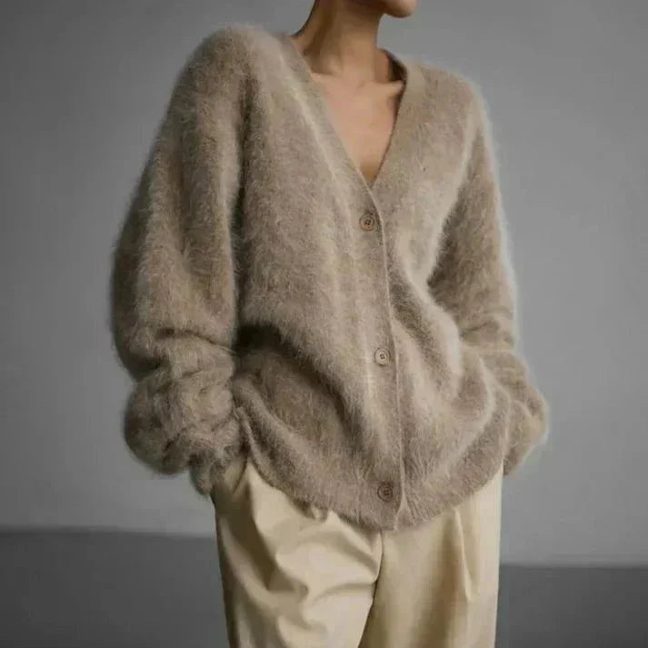 Women's fuzzy knit V-neck cardigan with button front and long sleeves