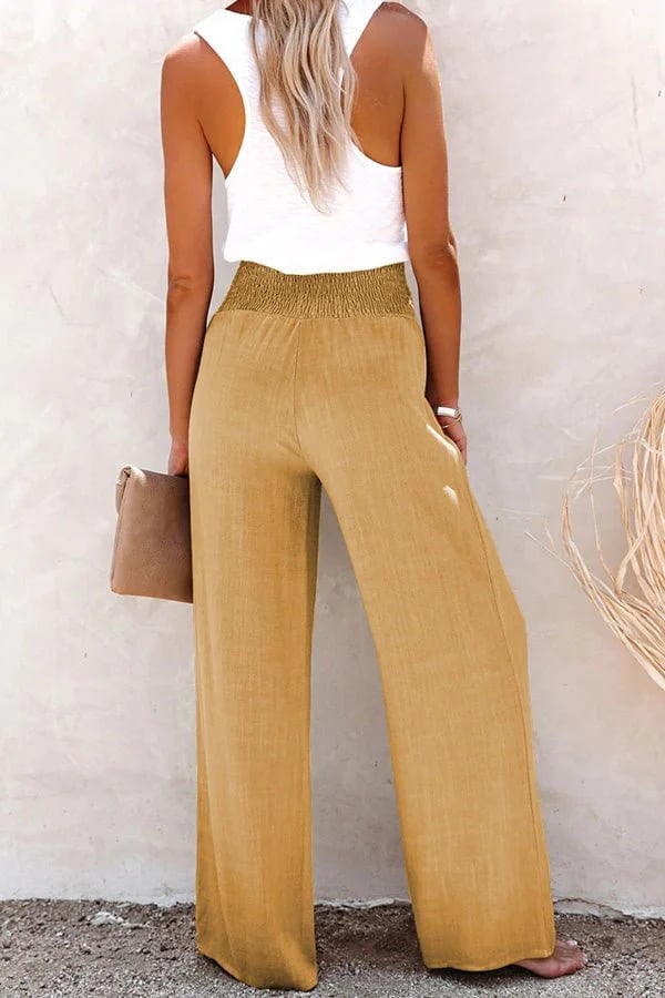 High-Waisted Trousers with Smocked Waist Bottom Collection in Olive Green (Almost Sold Out) - View 10 | Bellmere