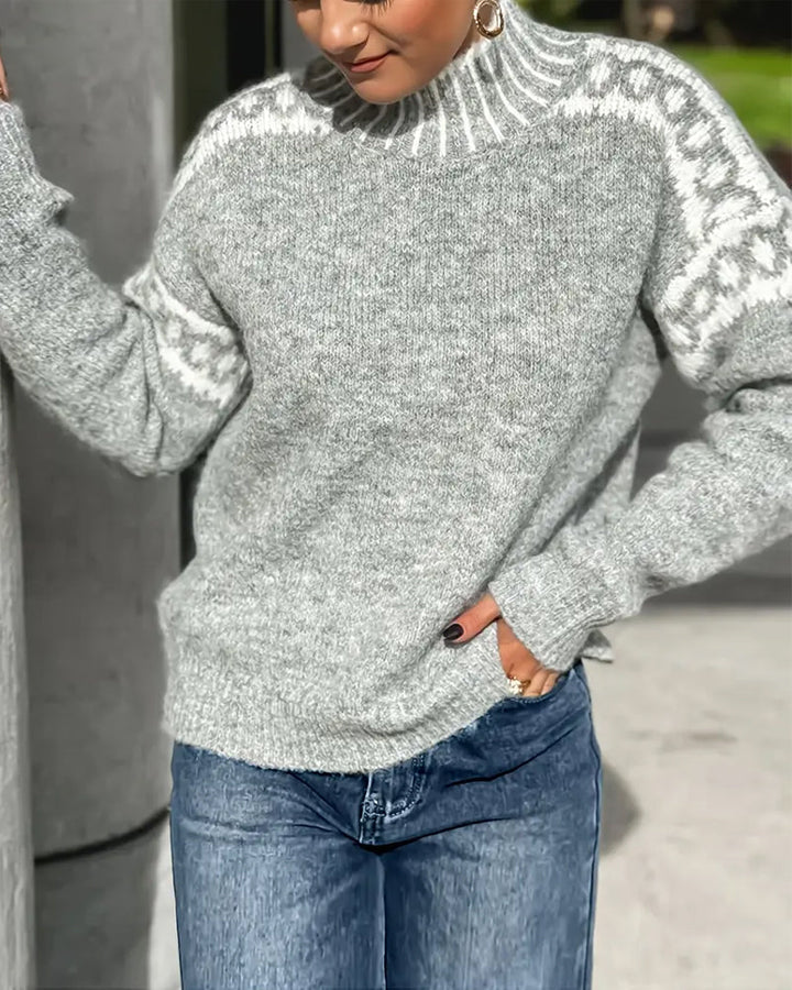 Women's gray sweater with white Nordic pattern, mock neck and long sleeves