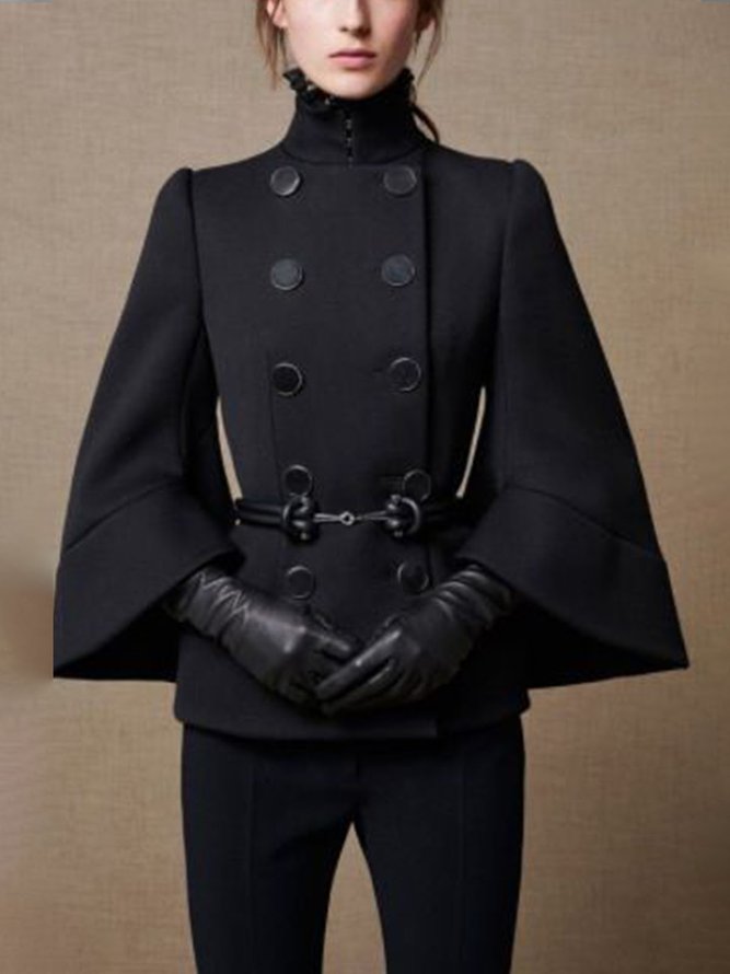Women's black high neck cape coat with buttons and flared sleeves