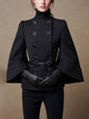 Women's black high neck cape coat with buttons and flared sleeves