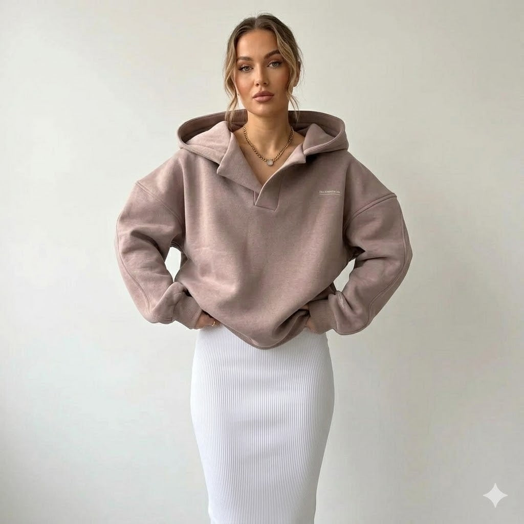 Women's oversized long-sleeve hooded lounge hoodie with ribbed cuffs and hem