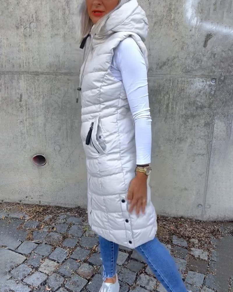 Women's white sleeveless quilted hooded longline vest with front zipper and zip pockets