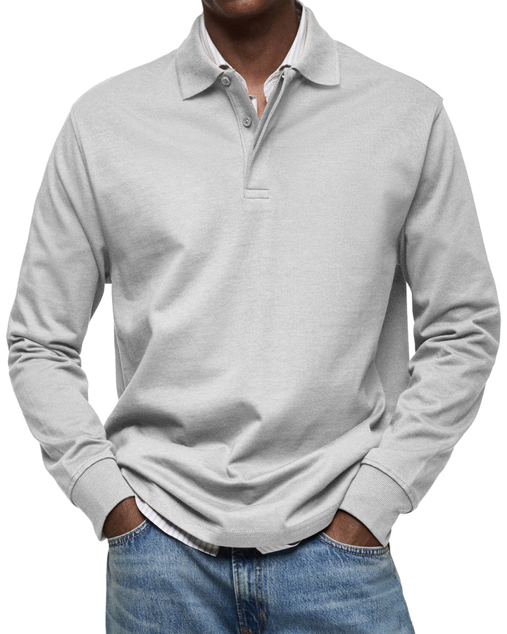 Men's long sleeve polo sweater with collared button placket and ribbed cuffs