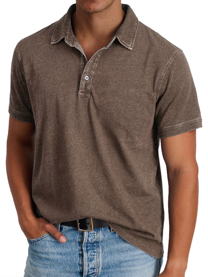 Men's blue polo shirt with collar and button front, short sleeves