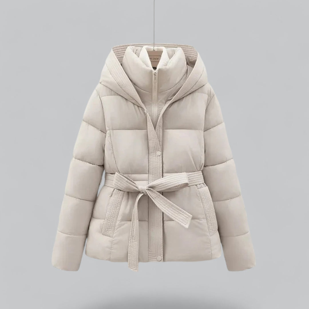 Women's belted quilted hooded parka jacket
