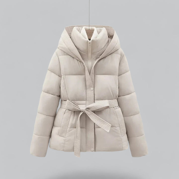Women's belted quilted hooded parka jacket