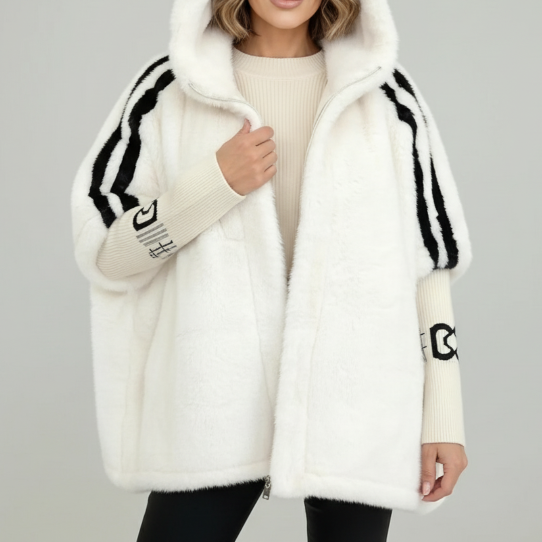 Women's hooded faux fur parka with contrasting striped sleeves
