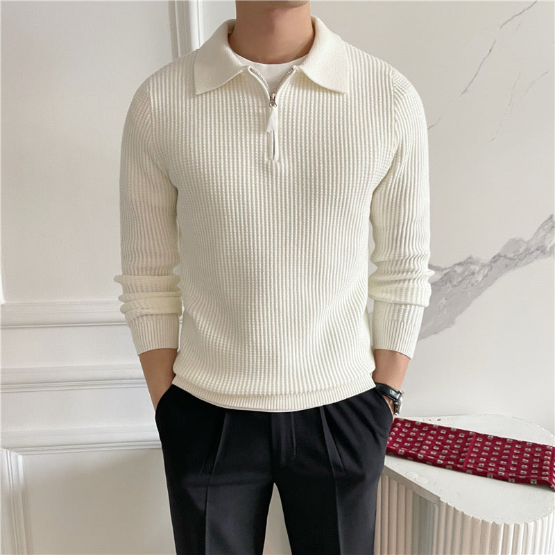 Ribbed collared sweater with short front zip