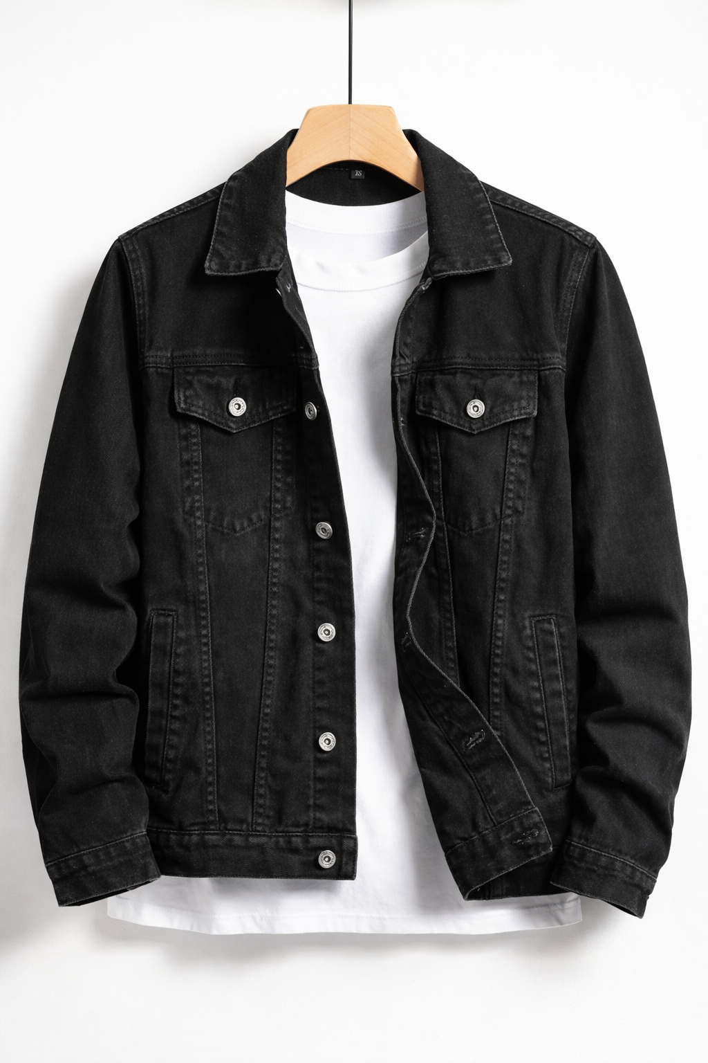 Men's black classic fit denim jacket with button front, flap chest pockets and long sleeves