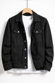 Men's black classic fit denim jacket with button front, flap chest pockets and long sleeves