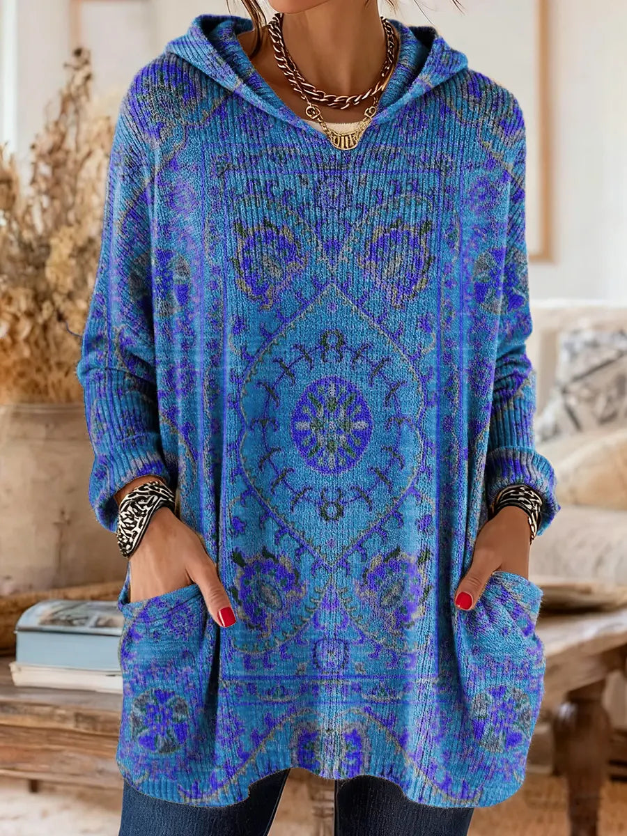 Women's multicolour ethnic print hooded knit tunic